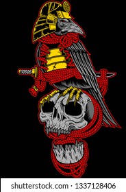 Samurai crow on the skull and katana sword