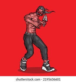 Samurai cyberpunk character vector fiction colorful design illustration. Isolated with red background. 