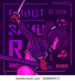 Vector del personaje de ficción Samurai cyberpunk. Ilustración de diseño de camisetas coloridas. 