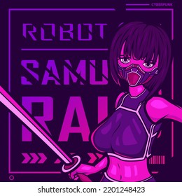 Samurai cyberpunk fiction character vector. Colorful t-shirt design illustration. 