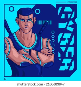Samurai cyberpunk logo vector fiction colorful design illustration.