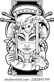 samurai cyborg girl, monochrome illustration