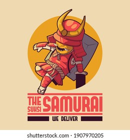 Samurai delivering Sushi logo vector illustration. Delivery, business, food, tradition design concept.