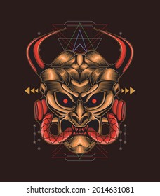 Samurai demon mecha head illustration sacred geometry, can be used for t-shirt designs, tattoos, wallpapers, art prints, and more