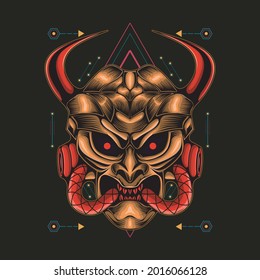 Samurai demon mecha head illustration sacred geometry, can be used for t-shirt designs, tattoos, wallpapers, art prints, and more