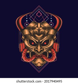 Samurai demon mecha head illustration sacred geometry, can be used for t-shirt designs, tattoos, wallpapers, art prints, and more