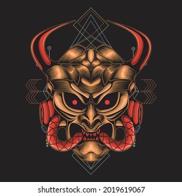 Samurai demon mecha head illustration sacred geometry, can be used for t-shirt designs, tattoos, wallpapers, art prints, and more
