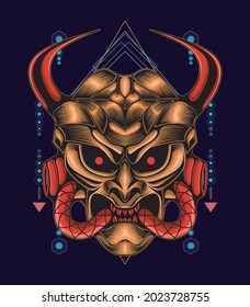 Samurai demon mecha head illustration sacred geometry, can be used for t-shirt designs, tattoos, wallpapers, art prints, and more