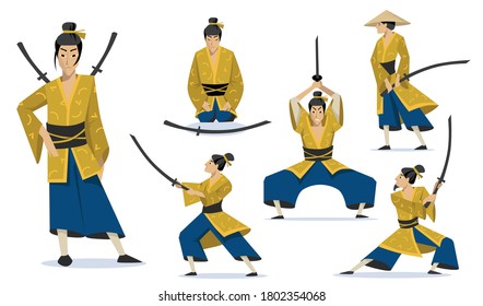 Samurai en diferentes poses. Los guerreros japoneses tradicionales usan kimono, caminan, meditan, entrenan habilidades de lucha. Para la historia de Japón, caballero asiático, conceptos culturales