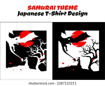 samurai with dragon. Silhouette japan samurai vector for design t-shirt concept. Samurai with red moon. Samurai Vector Illustration. streetwear theme tshirt.