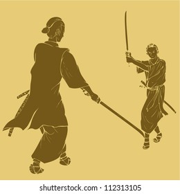 Samurai in dual stance, engraved style illustration