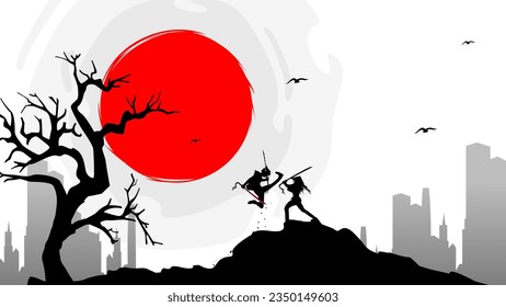 samurai duel wallpaper. swordsman duel. two swordsmen fighting. samurai fight. duel. japanese theme background. Samurai with red moon wallpaper.