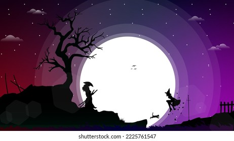 samurai duel. witch against samurai. full moon illustration background. floating witch walpaper. ronin. samurai walpaper.