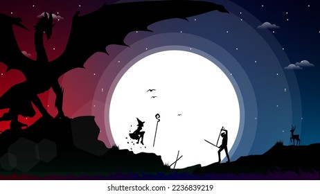 samurai duel. witch against samurai. full moon illustration background. floating witch walpaper. ronin. samurai walpaper. dragon. mytological animal. fantasy walpaper.