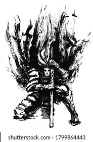A samurai in a dynamic pose stuck a katana in the floor after completing a jump from a height, his cloak flew up, he is equipped in Japanese armor . 2D illustration.