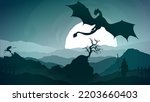 samurai fight against dragon in the mountains at night. samurai against giant dragon. The samurai ran with two swords. illustration of a samurai boy going to war. Dragon flying in the mountains.