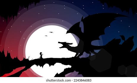 samurai fighting dragon. urban samurai fighting dragon. full moon illustration background. japanese samurai walpaper.