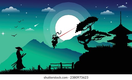 Samurai fighting silhouette wallpaper 4K desktop. samurai fighting background. cool vibe and full moon. landscape view illustration vector background.