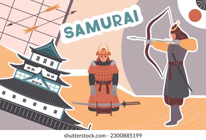 Samurai flat collage with male warriors in traditional japan clothes vector illustration