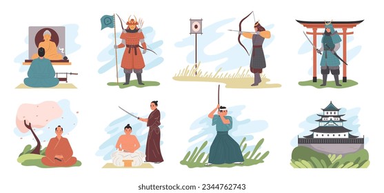 Samurai flat icons set with men in traditional japan clothes and symbols isolated vector illustration