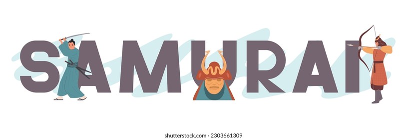 Samurai flat text with male warriors in traditional japan suits vector illustration