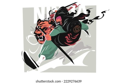 Samurai flying into battle in leap vector illustration. Crushing attack with katana. Ninja warrior and tiger samurai concept