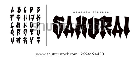 Samurai font. Vector handwritten brush font. Japanese style font. Japanese character of love. Retro ABC. Handmade Asian alphabet. Original Design. Warrior Asian style illustration.