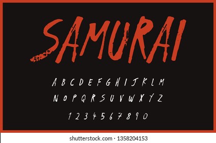 Samurai fonts set style technology and modern.Decorative alphabet vector fonts and numbers.Typography design for headlines, labels, posters, logos.
