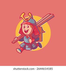 Samurai Food Delivery Character Holding Chopsticks ilustração vetorial. Mascote, conceito de design de comida.
