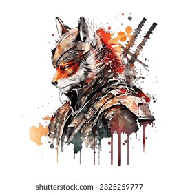 Samurai Fox Traditional Japanese | Transparent 300dpi digital tshirt POD, EPS, vector, clipart, book cover, wallart, ready to print, Print-on-Demand, colorful, no background, beauty