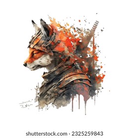 Samurai Fox Traditional Japanese | Transparent 300dpi digital tshirt POD, EPS, vector, clipart, book cover, wallart, ready to print, Print-on-Demand, colorful, no background, beauty