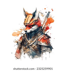Samurai Fox Traditional Japanese | Transparent 300dpi digital tshirt POD, EPS, vector, clipart, book cover, wallart, ready to print, Print-on-Demand, colorful, no background, beauty