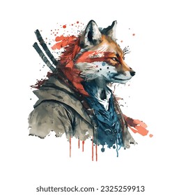 Samurai Fox Traditional Japanese | Transparent 300dpi digital tshirt POD, EPS, vector, clipart, book cover, wallart, ready to print, Print-on-Demand, colorful, no background, beauty