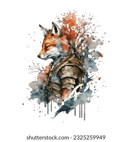 Samurai Fox Traditional Japanese | Transparent 300dpi digital tshirt POD, EPS, vector, clipart, book cover, wallart, ready to print, Print-on-Demand, colorful, no background, beauty