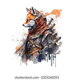 Samurai Fox Traditional Japanese | Transparent 300dpi digital tshirt POD, EPS, vector, clipart, book cover, wallart, ready to print, Print-on-Demand, colorful, no background, beauty