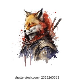 Samurai Fox Traditional Japanese | Transparent 300dpi digital tshirt POD, EPS, vector, clipart, book cover, wallart, ready to print, Print-on-Demand, colorful, no background, beauty