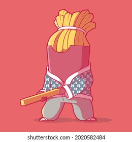 Samurai Fries Character Vector Illustration. Food, Warrior, Funny Design Concept.