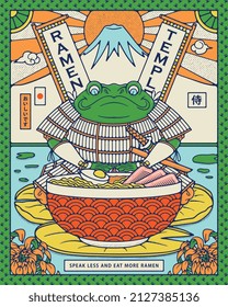 Samurai Frog Ramen Temple is a vector illustration of a Japanese warrior staring at a delicious bowl of ramen. The Kanji on the left stands for "delicious" and on the right means "samurai".