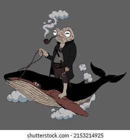 Samurai Frog Riding Whale Creative Japanese Fantasy Character Illustration Vector