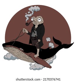 Samurai Frog Riding Whale Creative Japanese Fantasy Character Illustration Vector