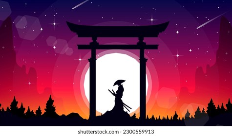 samurai in front of traditional japanese gate. japan theme background. samurai wallpaper. landscape fantasy wallpaper. japanese samurai theme background. torii gate with samurai.