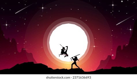 Samurai with full moon wallpaper. samurai duel wallpaper. samurai fight. duel. japanese theme background. swordsman duel. two swordsmen fighting.