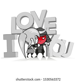 Samurai funny cartoon character. Vector illustration, I love you