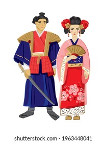 Samurai and geisha with a fan in national costumes isolated on white. Symbols of traditional Japanese culture and history for cards, posters, and travel guides, souvenirs. Cartoon vector illustration