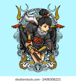 Samurai geisha Illustration für T-Shirt-Design