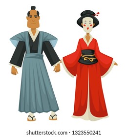 Samurai and geisha Japanese man and woman in traditional clothing vector isolated male and female character Japan culture makeup and kimono flip flops with socks oriental country national clothes