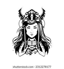 Samurai girl head hand drawn illustration