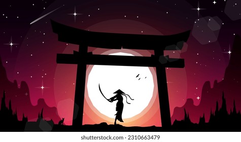 samurai girl illustration. samurai girl anime wallpaper. landscape fantasy wallpaper. japanese samurai with torii gate background. sunset fantasy background. lady fighter with sword.