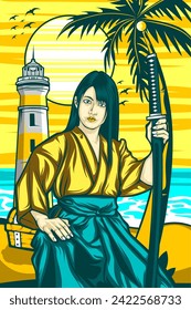 samurai girl illustration with awesome beach background