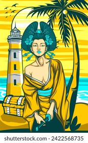 samurai girl illustration with awesome beach background